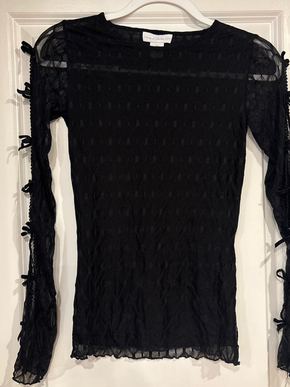 House of Harlow 1960 Black Sheer Long-Sleeve Mesh Top with Sleeve Bows
